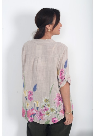 By Saygı Kadın İtalyan Etek Uçları Ve Kolları Büyük Çiçekli Oversize Cotton Gömlek Bej