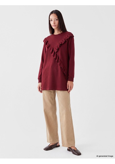 LC Waikiki Lc Waıkıkı Bordo Bisiklet Yaka Fırfırlı Kadın Sweatshirt Tunik