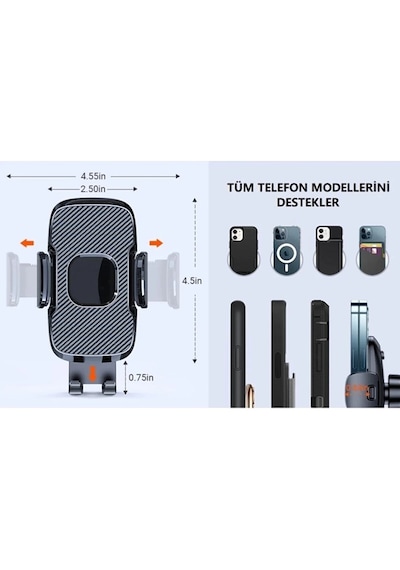 Araç Içi Otomatik Telefon Tutucu Cam Ve Torpido Için Araba Telefon Tutacağı Vantuzlu Klipsli Siyah
