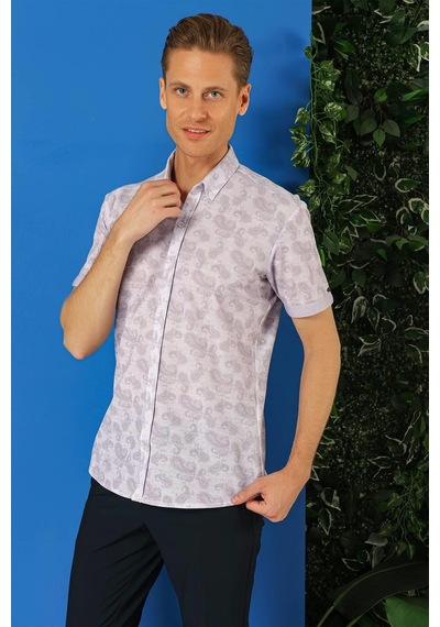 Efor Slim Fit Düğmeli Yaka Şal Desenli Kısa Kol Pamuk Lila Gömlek G 1501 Lila