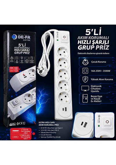 De-pa 5'li Akım Korumalı Grup Priz 1,5 Metre Kablolu, 25w Pd Type-c Ve Qc 3.0 Usb Hızlı Şarj, 16a 3500w, Anahtarlı, Çocuk Korumalı Topraklı Uzatma Prizi