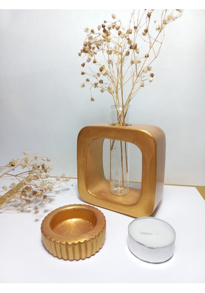 Minimal Vazo, Cam Tüplü Kare Model Dekoratif Vazo Gold