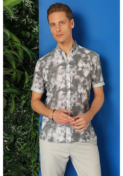 Efor Slim Fit Düğmeli Yaka Batik Desenli Kısa Kol Pamuk Gri Gömlek G 1502 Gri
