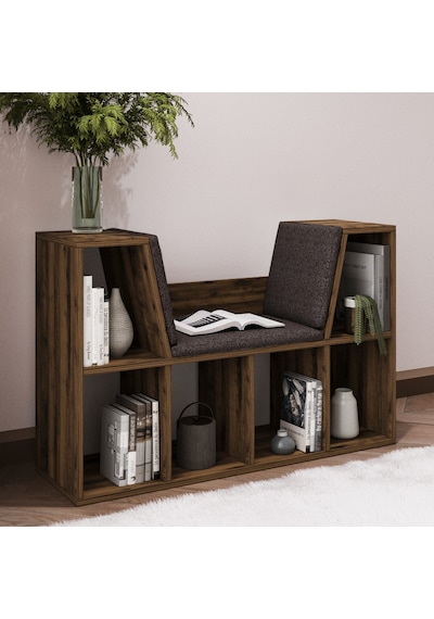 Livora Minderli Kitaplık - Oturma Alanlı 103 Cm Minimalist Tasarım Ceviz
