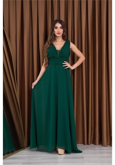 Dip Moda Kadın Zümrüt Yeşil V-yaka Şifon Abiye Elbise Dpnb2027 Yeşil