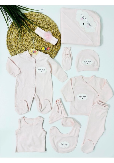 Alpbebe Bulutlar Aprike İşlemeli Nakışlı 10 Lu Hastane Çıkışı Set - Pembe Pembe