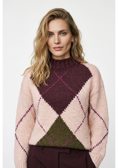 Neden Tekstil Kadın Argyle Desenli Triko Oversize Kazak - Somon