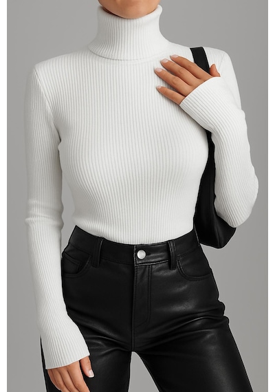 Catspy Unisex Premium Pamuklu Balıkçı Yaka Kaşkorse Şardonlu Slimfit Boğazlı Kazak Beyaz