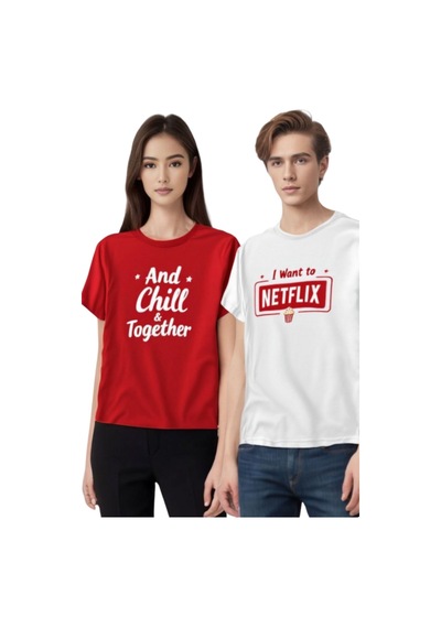 Technomonkey Netflix And Chill Baskılı Sevgili Çift Kombini Regular 2'li Takım T-shirt Beyaz