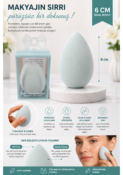 Makyaj Süngeri Yeşil Beauty Blender Fondöten Ve Kapatıcı Uygulama Süngeri, 6 Cm