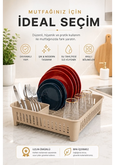 Sas Haus Bulaşıklık Tezgah Üstü Tabak Bardak Kurutmalık Plastik Bulaşık Sepeti 33x41 Cm Bej S-10567