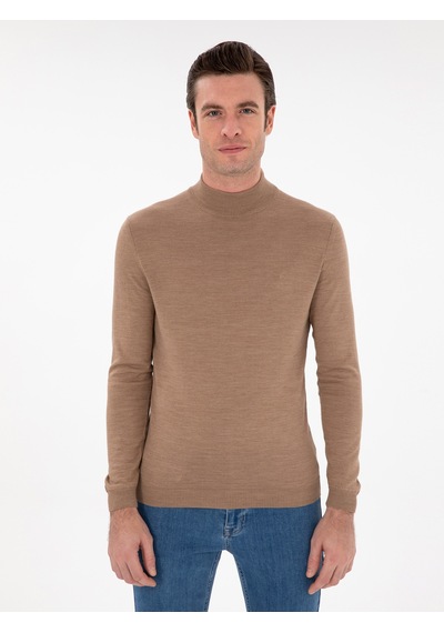 Cacharel Camel Slim Fit Yün Karışımlı Yarım Balıkçı Yaka Basic Triko Kazak Kahverengi