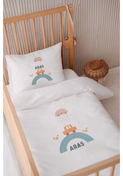 %100 Pamuk Saten Isme Özel Isimli 100x150 Bebek Yatak Nevresim Seti Araba