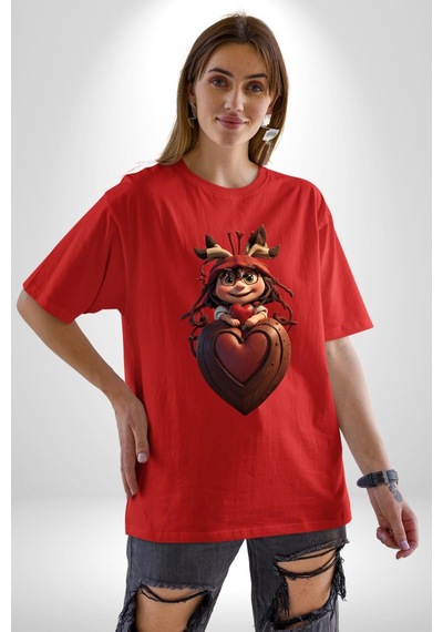 Çikolata Kız Kalbi Pamuklu Bisiklet Yaka Unisex Oversize Boyfriend Dijital Baskılı Kırmızı T-shirt Kırmızı