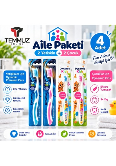 Dynamic Aile Paketi Diş Fırçası Seti 4 Adet 2 Yetişkin Medium + 2 Çocuk Extra Soft Karışık Renk