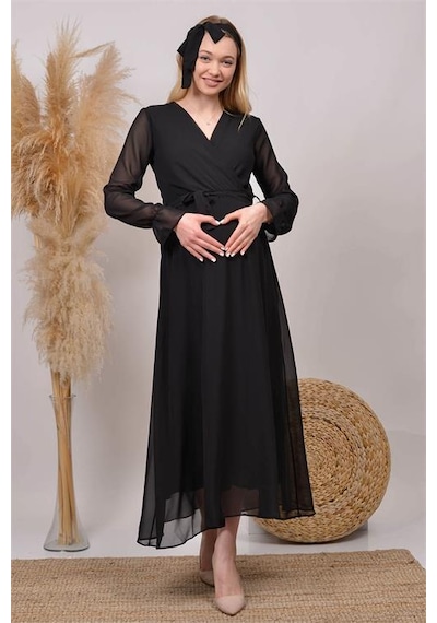 Dip Moda Kadın Beyaz Baby Shower Şifon Hamile Elbise Dphml003 Siyah