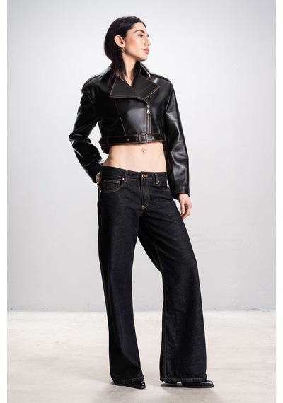 Dericlub Lenora Kadın Silme Cropcut Biker Hakiki Deri Mont Siyah/taba Siyah