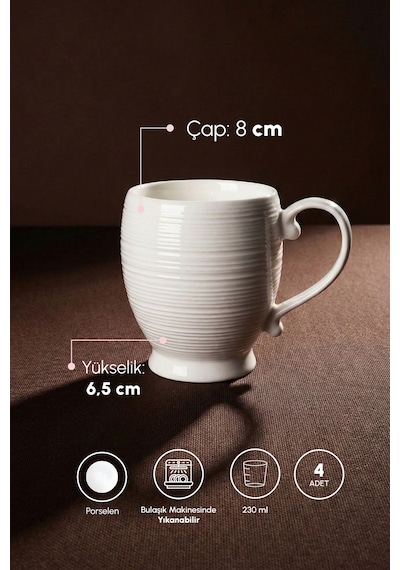 Pure Line 4'lü Saf Beyaz Porselen 230 Ml Kupa Seti Beyaz Beyaz
