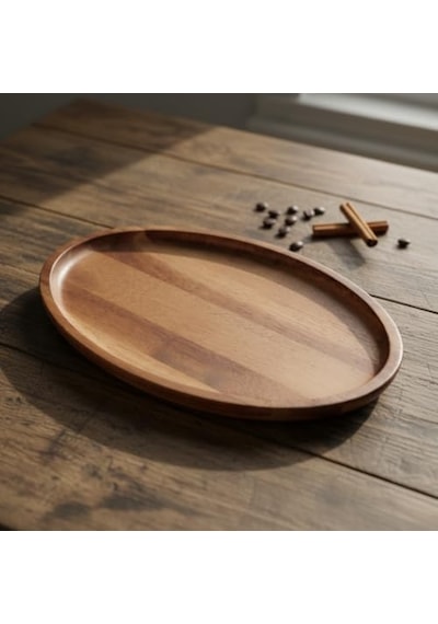 Akasya Ağacı Oval Sunum Tabağı 28x18 Cm Yükseltilmiş Kenarlı Doğal Ahşap Servis Tepsisi Kahve, Peynir Ve Diğer