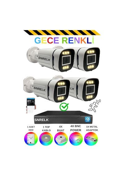 Snrelk Sencrom 4'lü 6x Warm Led 1080p Gece Renkli Su Geçirmez Güvenlik Kamera Set