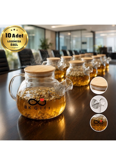 Logonuza Özel 10 Adet Isıya Dayanıklı Süzgeçli Cam Demlik 1 Litre Şeffaf