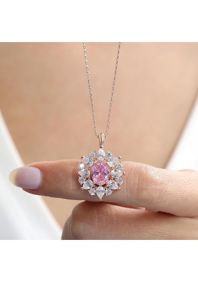 Effective Diamond Paris Işıltısı Rose Renk Pink Taşlı Gümüş Kolye