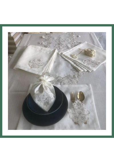 En-cag Sofra Takımı Mimoza Gardenya Keten Yemek Takımı 160x260 Masa Seti 26 Parça Runner Set Kreme Gold Bss Altın