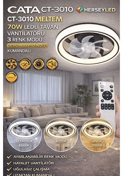 Cata Ct-3010 Meltem 70w Ledli Tavan Vantilatörü 3renk Modu Beyaz+4000k+günışığı Kumandalı
