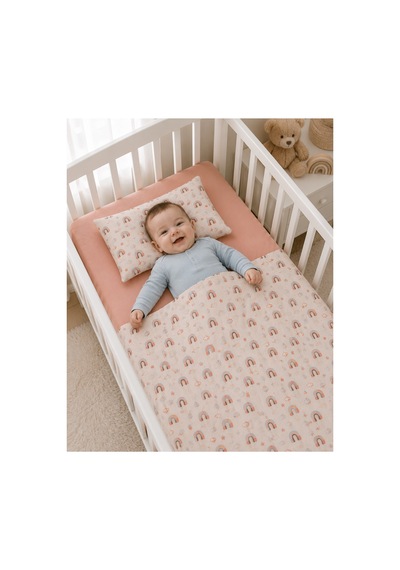 %100 Pamuk Gökkuşağı Desenli Bebek Nevresim Takımı 100 150 Cm Bej - 777071303 Bej