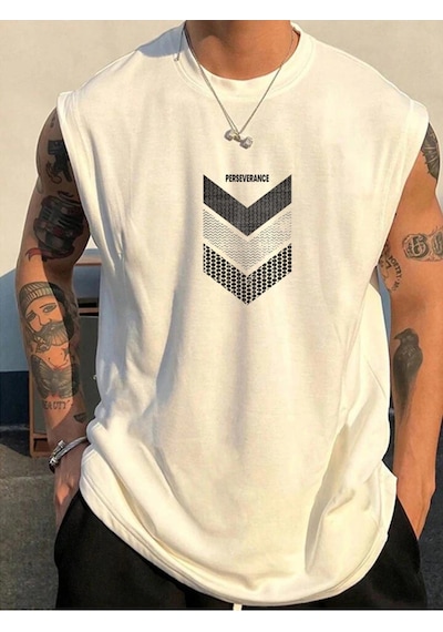 Tarzsokak Perseverance Baskılı Kolsuz Tshirt Erkek Sıfır Kol Giyim Spor Giyim Oversize Beyaz