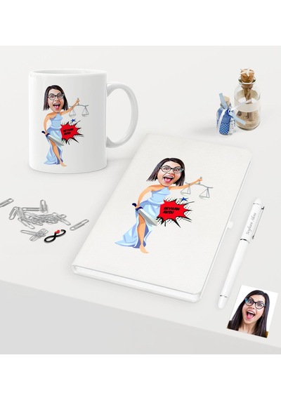 Kişiye Özel Bayan Avukat Karikatürlü Beyaz Defter Kalem Kupa Seti N11.64