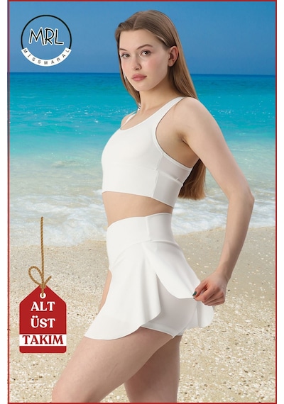 Missmaral Kadın Alt-üst Takım Şort & Crop Denizde Havuzda Sporda Casual/ Günlük Kullanım Ekru Tk3107 Ekru