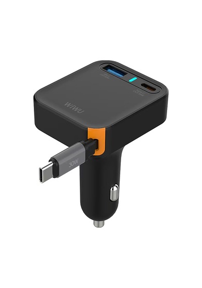 Wiwu Wi-cc033 Type-c + Usb-a Hızlı Şarj Akım Korumalı Dahili Kablolu Araç Şarj Aleti 65w Siyah