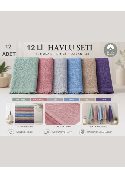 30x50 Cm 12'li Pamuklu Mutfak Havlusu Seti Yumuşak Emici Kurulama Bezi & El Havlusu Günlük Kullanım Premium Kalite Mor