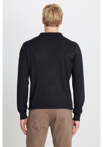 AC&Co / Altınyıldız Classics Erkek Sıyah Yünlü Standart Fit Normal Kesim Polo Yaka Triko Kazak SIYAH