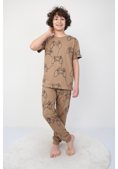 Kısakollu Play Console Desenli Erkek Çocuk Pijama Takımı Alt-üst Kahverengi