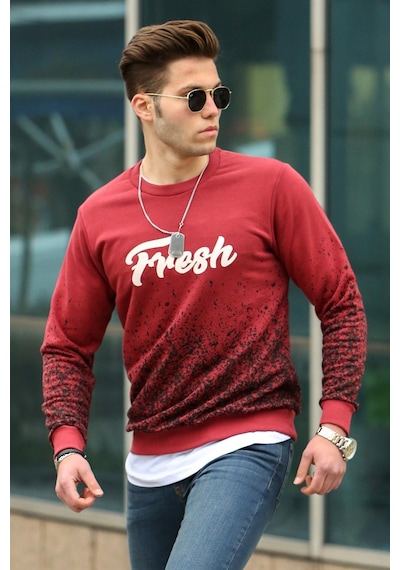 Madmext Bordo Baskılı Bisiklet Yaka Sweatshirt 2791