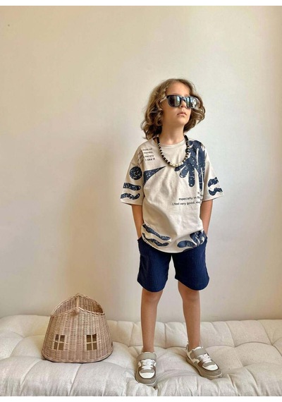 Miniko Kids Erkek Çocuk Kaktüs Desenli Müslin Şortlu Pamuk Takım Ekru