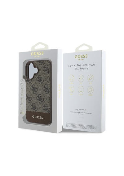 Apple Uyumlu iPhone 16 Kılıf Guess Lisanslı Pu Deri Şerit Logo Dizaynlı Kapak Kahverengi