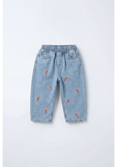 Magu Unisex Çocuk Pamuklu Balon Nakışlı Oversize Kot Pantolon Mavi