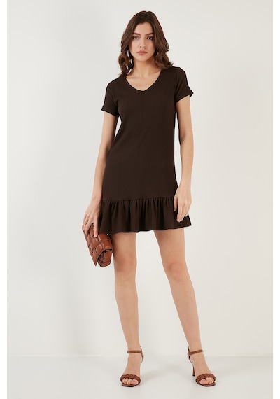 Lela Regular Fit Fırfırlı V Yaka Bürümcük Mini Bayan Elbise 5865071 Kahve