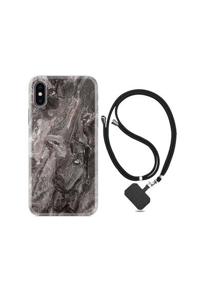 Apple Uyumlu iPhone X XS Kılıf Boyun Askılı Gri Mermer 1376