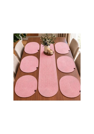 6 Kişilik 7 Parça Oval Amerikan Servis Ve Runner Seti Örgü Hasır Görünümlü Sofra Sunum Takımı Pembe Pembe