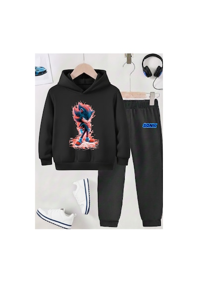 Stil-x Sonıc Baskılı Çocuk Eşofman Takımı, Şardonlu Soft Kumaş, Unısex Siyah-8