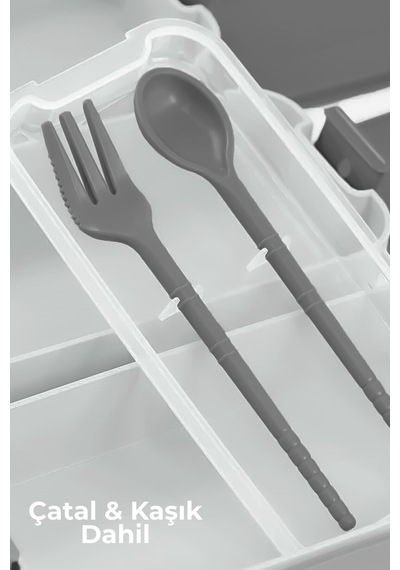 3 Katlı Bölmeli Lunchbox - Kilitli - Taşıma Saplı - Kaşık & Çatal Dahil G-770 Gri Gri