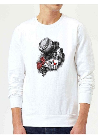 Gamblıng Poker Rose Skull Baskılı Beyaz Erkek Örme Sweatshirt