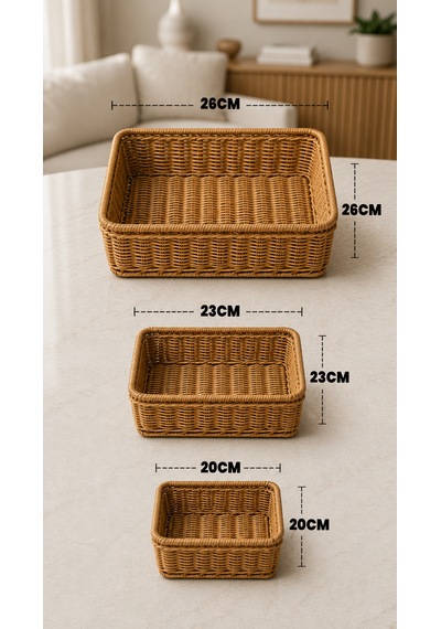 3'lü Kare Hasır Sunumluk Sepet Badya Leğen Tabak Kase - Masaüstü Organizer Rattan Sunum Meyvelik - Ekstra Kaliteli Çelik Rattan 26 X 26