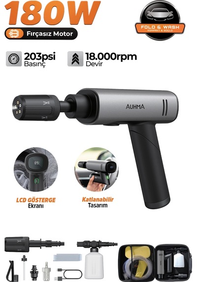 Auhma Acr-09 Şarjlı Basınçlı Yıkama Makinesi - 180w Katlanabilir Oto Yıkama Tabancası