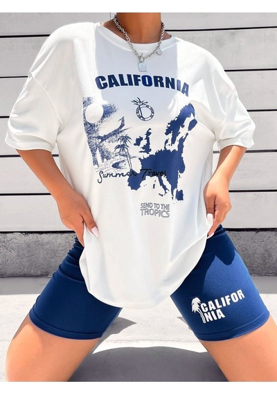 Flood Of Style Kadın Beyaz Mavi Calıfornıa Baskılı Bisiklet Yaka Tshirt