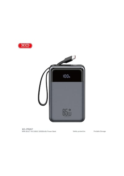 20000mah 65w Hızlı Şarj Destekli Dijital Ekranlı Dahili Kablolu Type-c Powerbank Beyaz